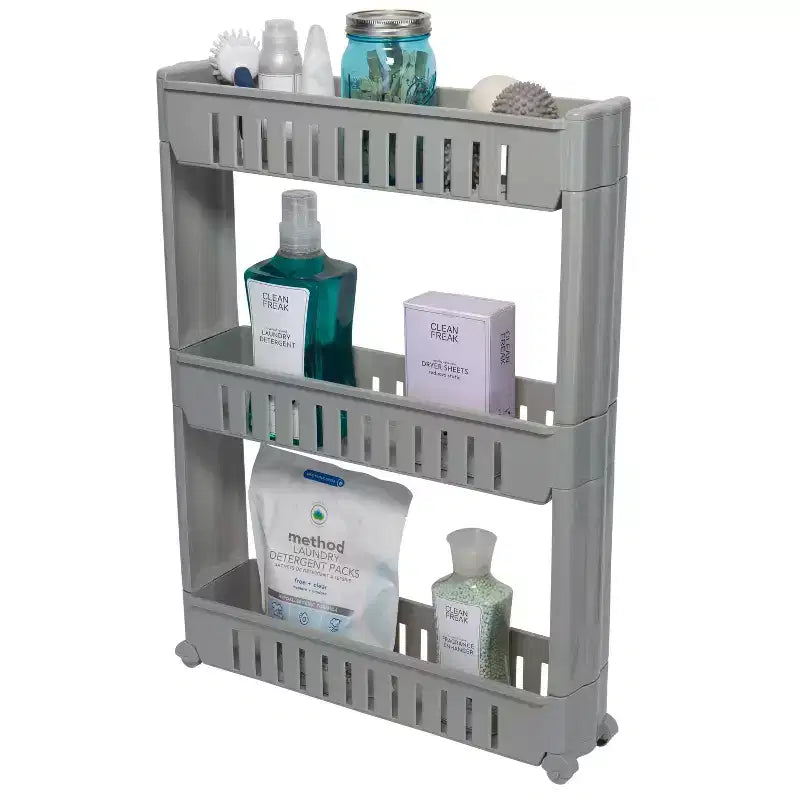 Chariot de rangement fin à 3 niveaux gris avec roulettes