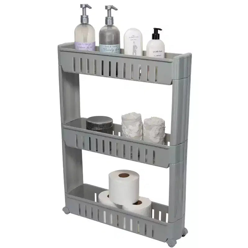 Chariot de rangement fin à 3 niveaux gris avec roulettes