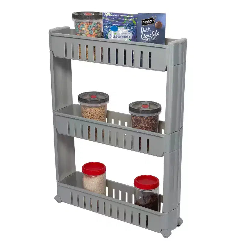 Chariot de rangement fin à 3 niveaux gris avec roulettes