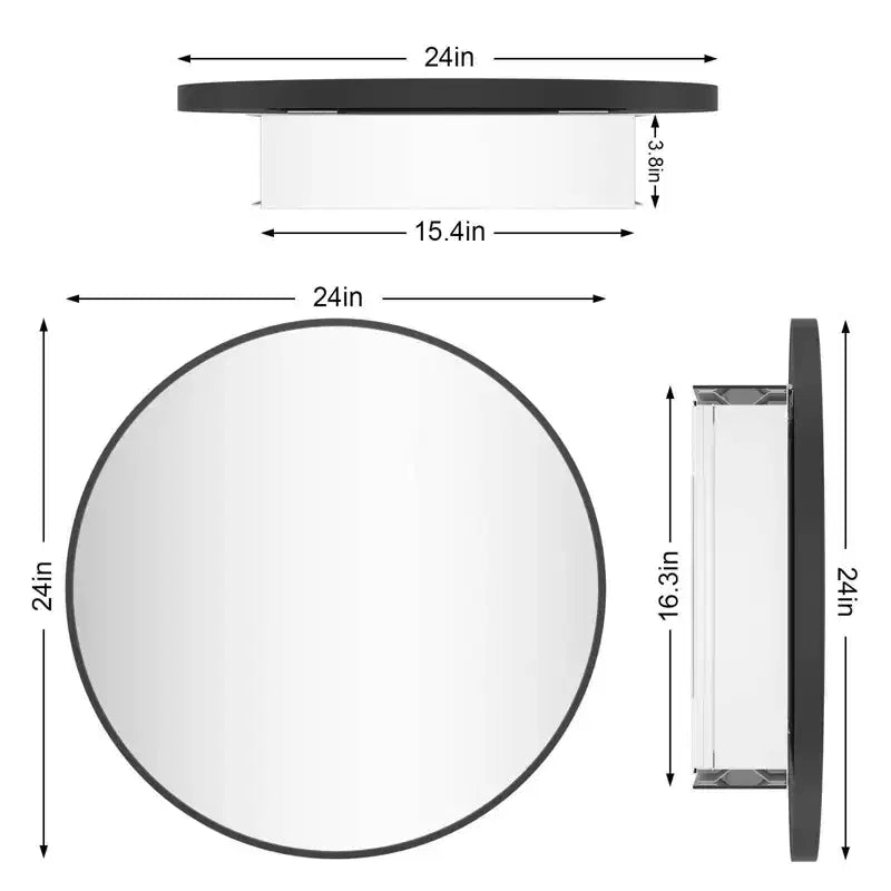 Armoire à pharmacie ronde avec miroir, fixation murale, porte simple, noir mat, 24" × 24"