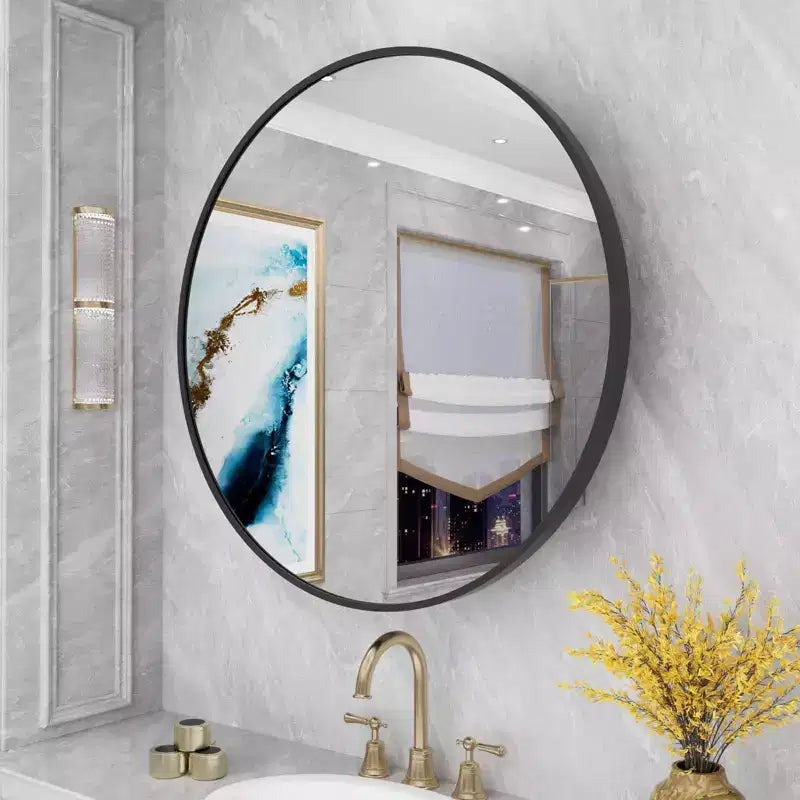 Armoire à pharmacie ronde avec miroir, fixation murale, porte simple, noir mat, 24" × 24"