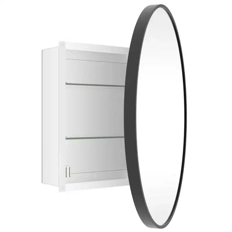 Armoire à pharmacie ronde avec miroir, fixation murale, porte simple, noir mat, 24" × 24"