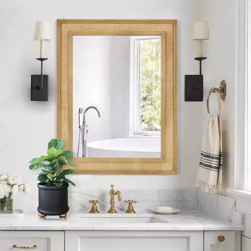 Miroir mural en rotin brun clair, rectangulaire, 27" x 34", 1 pièce