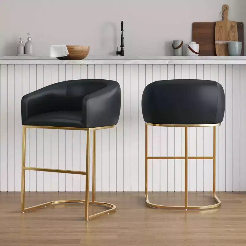 Tabouret de bar bas noir et or en similicuir avec accoudoirs, lot de 2