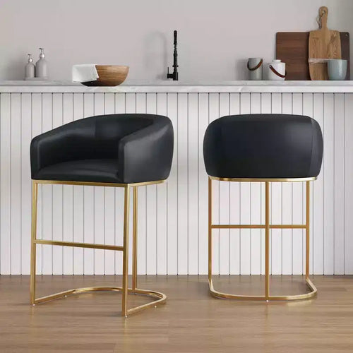 Tabouret de bar bas noir et or en similicuir avec accoudoirs, lot de 2