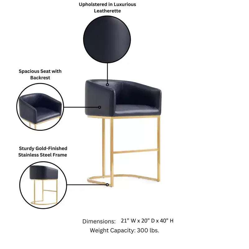 Tabouret de bar bas noir et or en similicuir avec accoudoirs, lot de 2