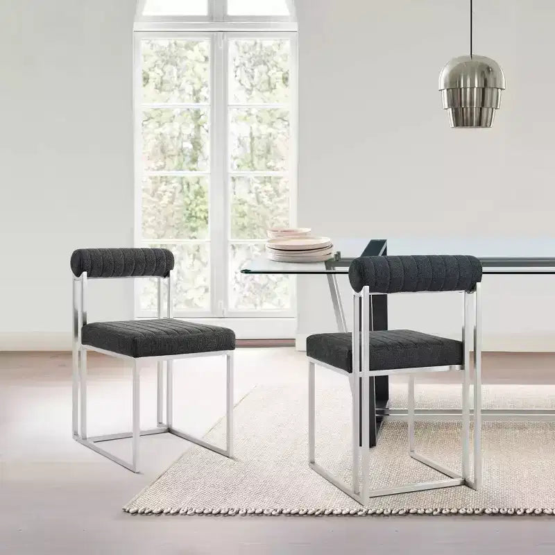 Armen Living Set of 2 Anastasia Brushed Stainless Steel and Fabric Dining Chairs Charcoal