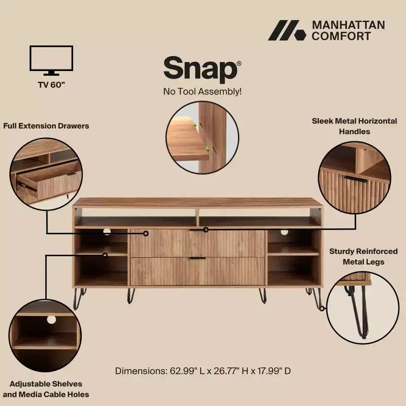 Meuble TV 160 cm pour téléviseurs jusqu'à 60", brun doré, style moderne du milieu du siècle