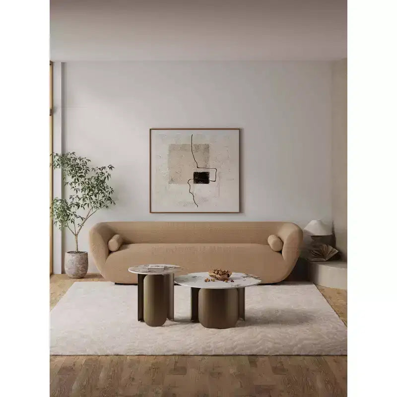 Ensemble de 2 tables basses et tables d'appoint rondes en pierre frittée dorée pour salon
