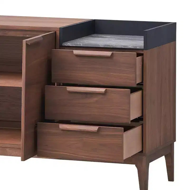 Buffet noyer et marbre avec 3 tiroirs et 2 portes