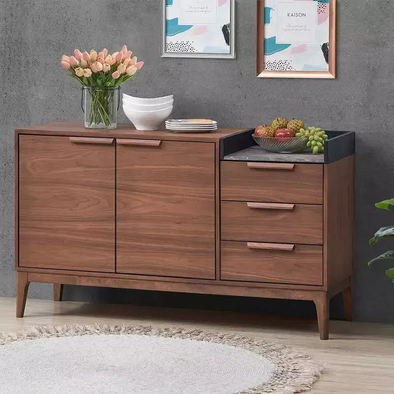 Buffet noyer et marbre avec 3 tiroirs et 2 portes