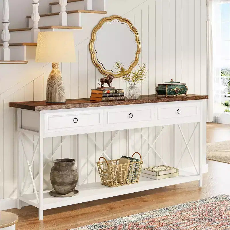 Console de ferme noire et marron avec 3 tiroirs et étagère