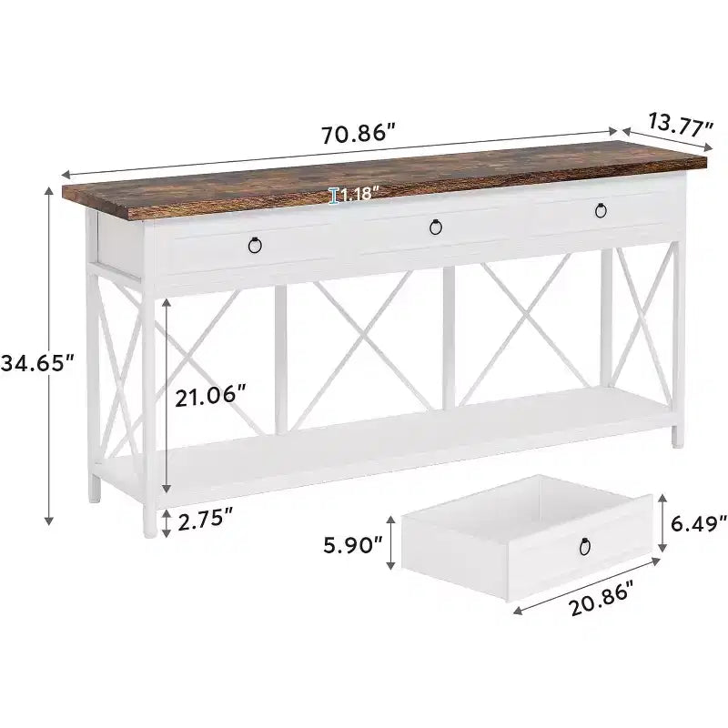 Console de ferme noire et marron avec 3 tiroirs et étagère
