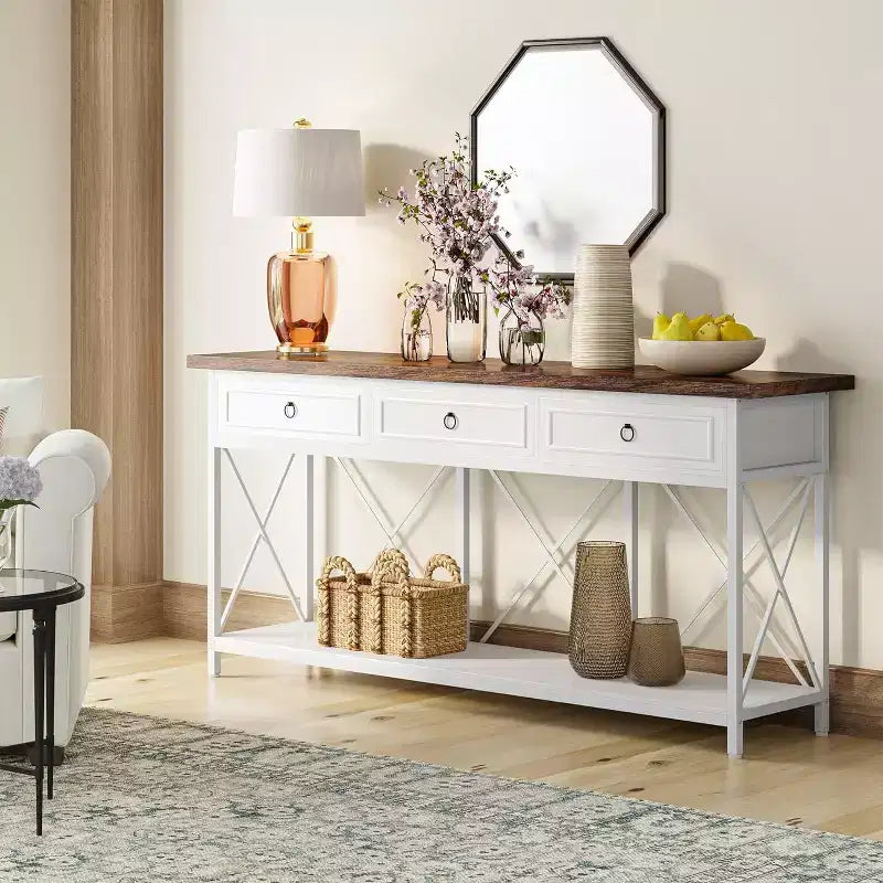 Console de ferme noire et marron avec 3 tiroirs et étagère