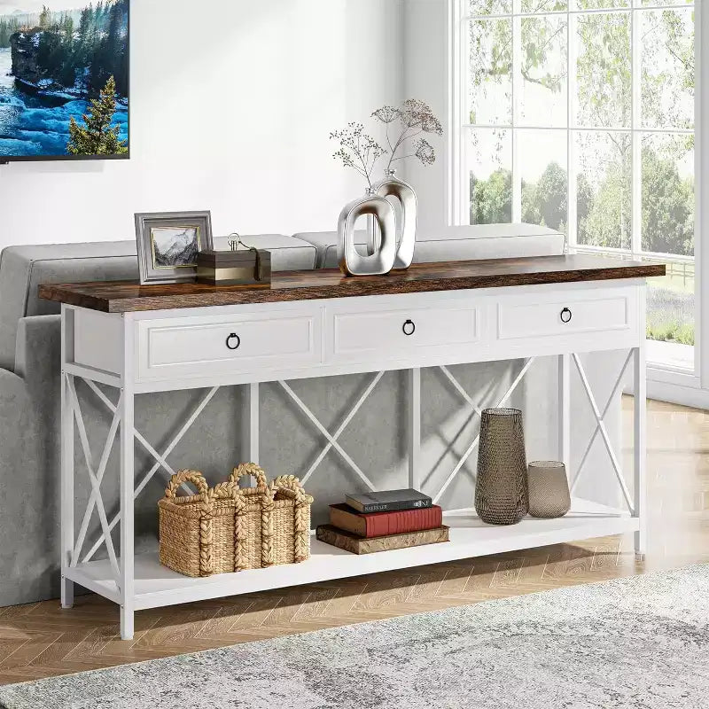 Console de ferme noire et marron avec 3 tiroirs et étagère