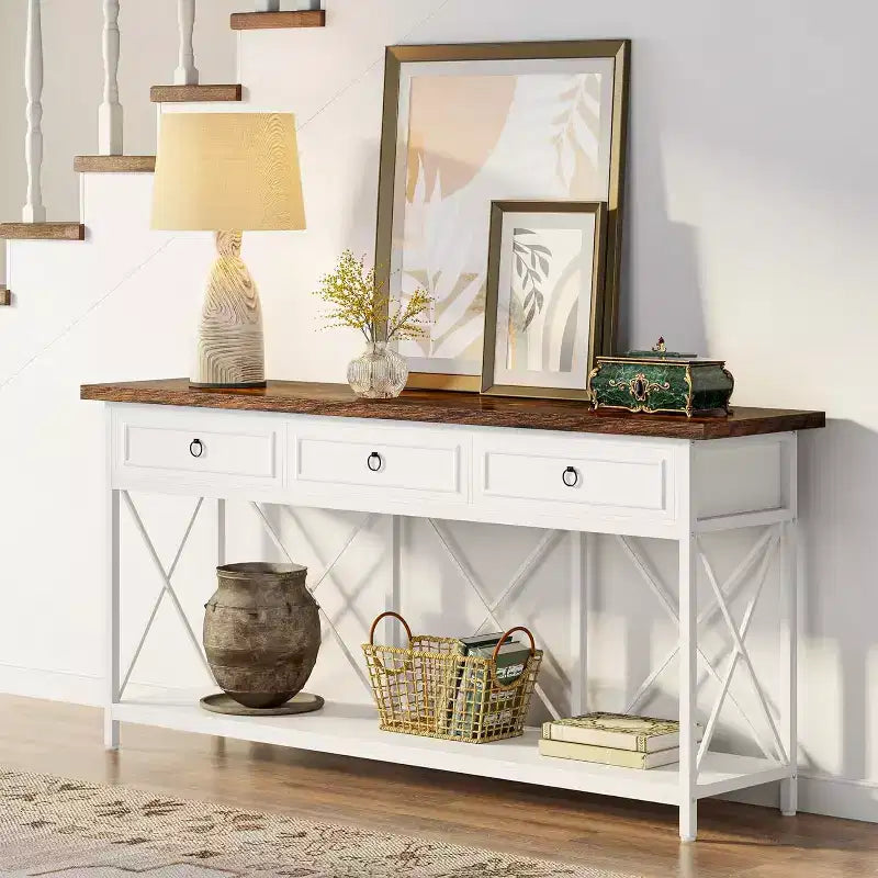 Console de ferme noire et marron avec 3 tiroirs et étagère
