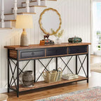 Console de ferme noire et marron avec 3 tiroirs et étagère