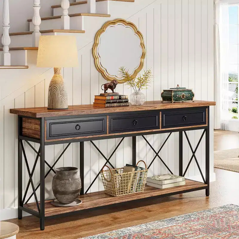 Console de ferme noire et marron avec 3 tiroirs et étagère