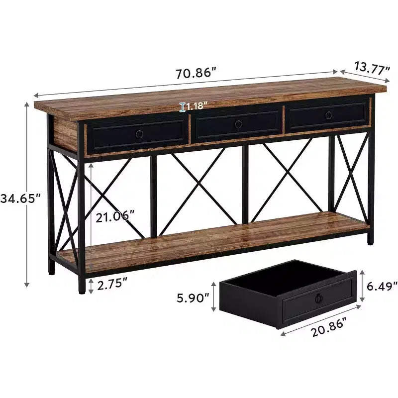 Console de ferme noire et marron avec 3 tiroirs et étagère