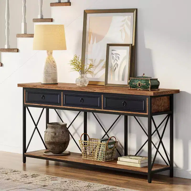 Console de ferme noire et marron avec 3 tiroirs et étagère