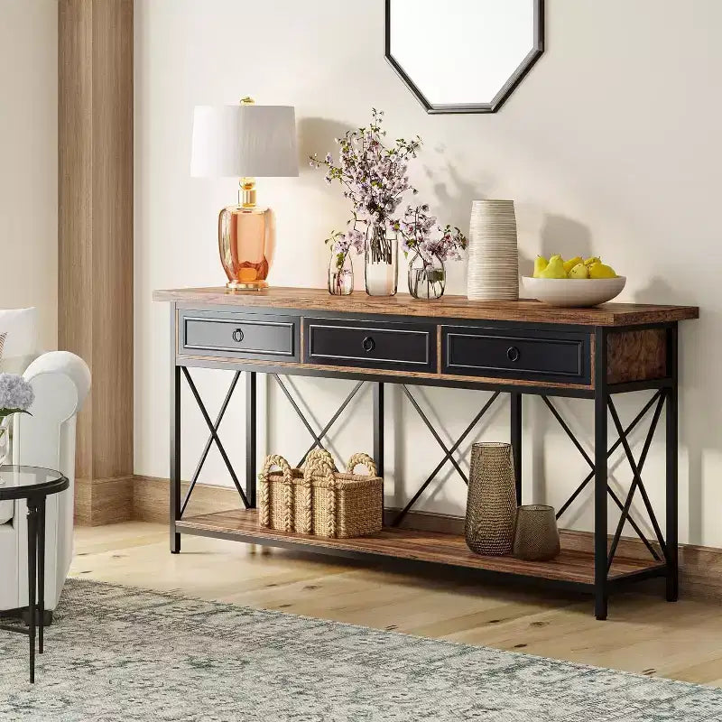 Console de ferme noire et marron avec 3 tiroirs et étagère