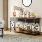 Console de ferme noire et marron avec 3 tiroirs et étagère