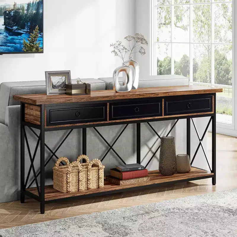Console de ferme noire et marron avec 3 tiroirs et étagère