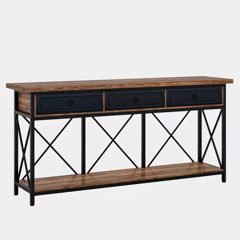 Console de ferme noire et marron avec 3 tiroirs et étagère
