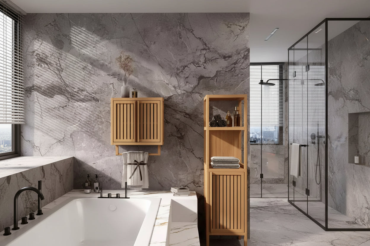 19.68 Wall Mount Bathroom Bamboo Storage Cabinet with 2 Doors, Modern Toilet Storage Box, Natural - ModernLuxe