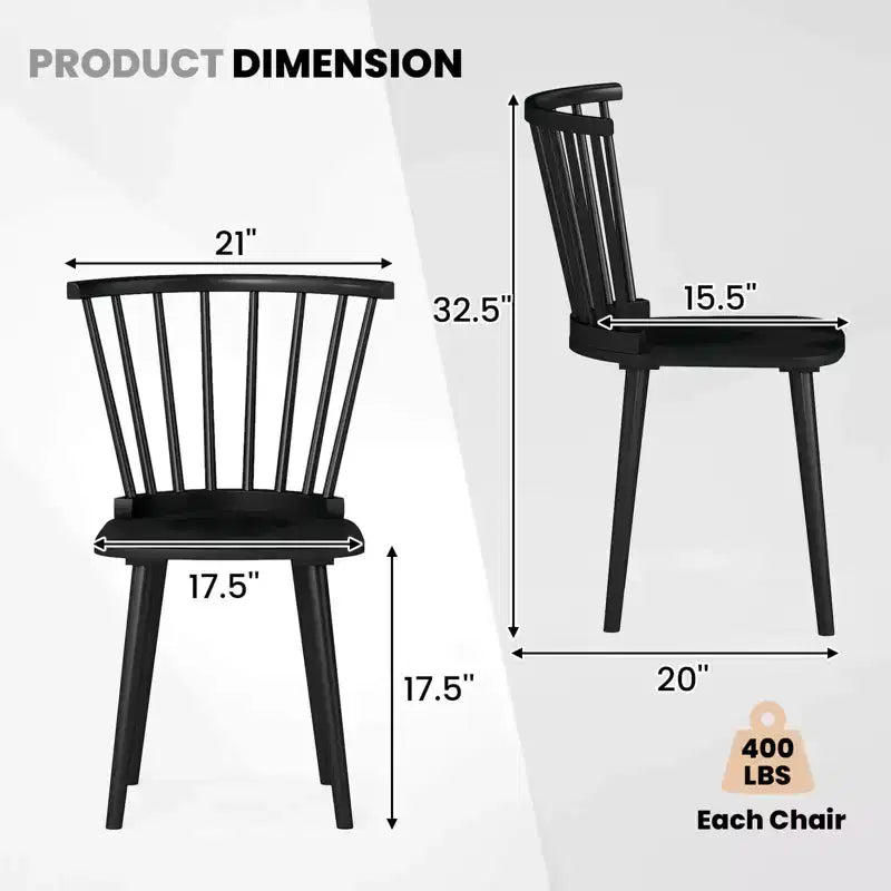 Chaise de salle à manger sans accoudoirs Windsor à dossier à barreaux, noir/naturel, ensemble de 2