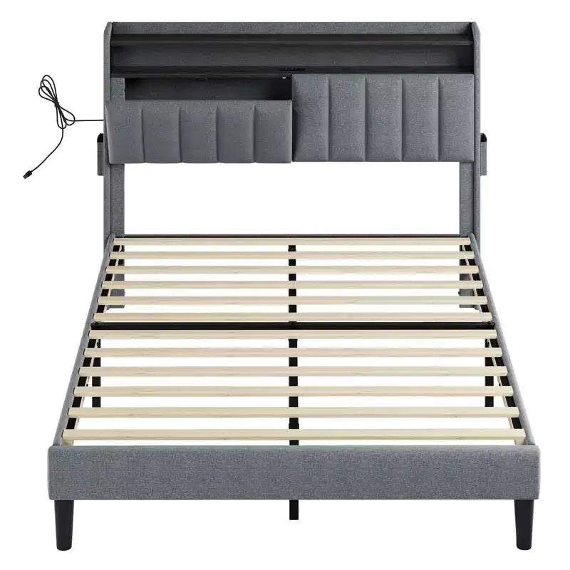 Cadre de lit double rembourré gris avec tête de lit de rangement, lumière LED et station de recharge – 1 personne