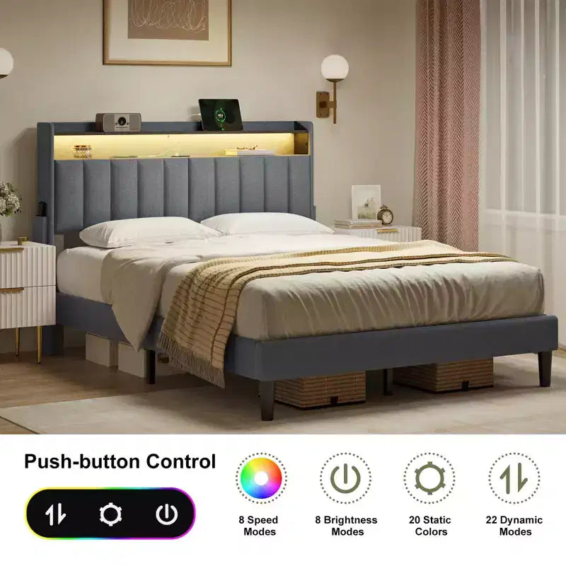 Cadre de lit double rembourré gris avec tête de lit de rangement, lumière LED et station de recharge – 1 personne