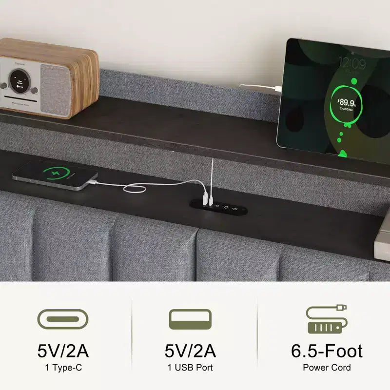 Cadre de lit double rembourré gris avec tête de lit de rangement, lumière LED et station de recharge – 1 personne