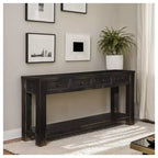 Console en bois noir vieilli avec 4 tiroirs, assemblage par 1 personne