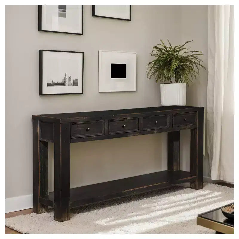 Console en bois noir vieilli avec 4 tiroirs, assemblage par 1 personne
