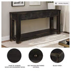 Console en bois noir vieilli avec 4 tiroirs, assemblage par 1 personne