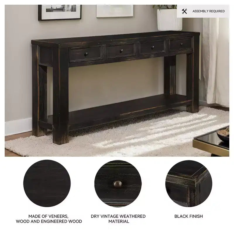 Console en bois noir vieilli avec 4 tiroirs, assemblage par 1 personne