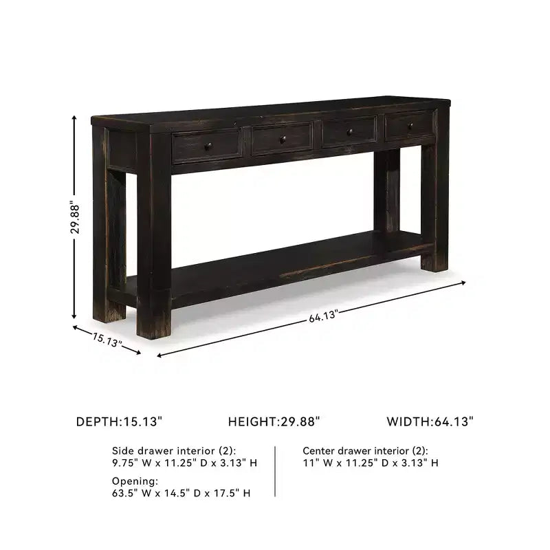 Console en bois noir vieilli avec 4 tiroirs, assemblage par 1 personne