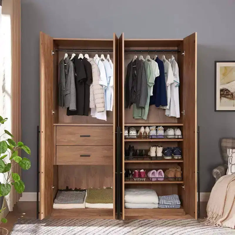 Armoire modulaire 4 portes pour 1 à 2 personnes : blanc / brun doré / gris rustique