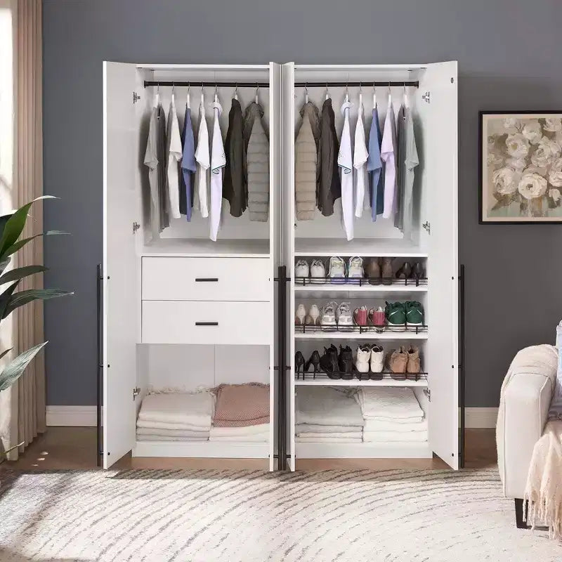 Armoire modulaire 4 portes pour 1 à 2 personnes : blanc / brun doré / gris rustique