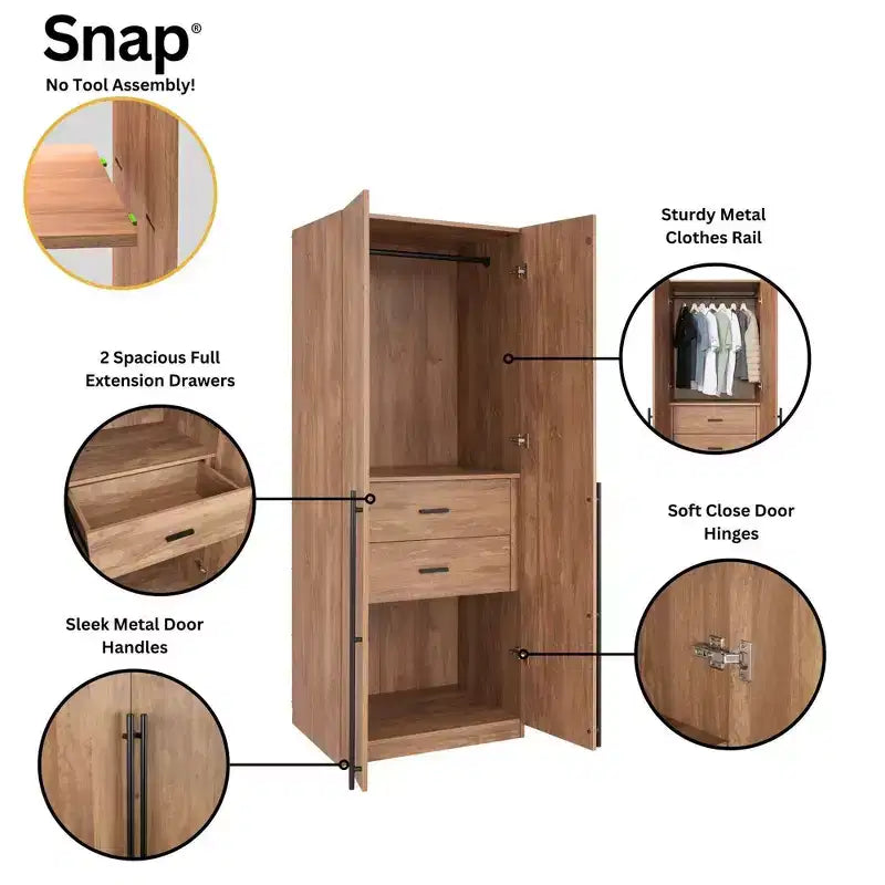 Armoire modulaire 4 portes pour 1 à 2 personnes : blanc / brun doré / gris rustique