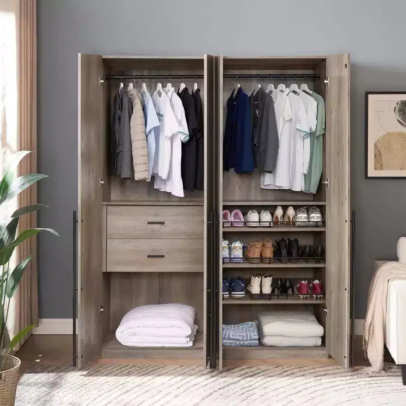 Armoire modulaire 4 portes pour 1 à 2 personnes : blanc / brun doré / gris rustique