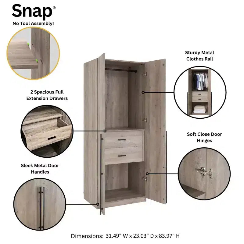 Armoire modulaire 4 portes pour 1 à 2 personnes : blanc / brun doré / gris rustique