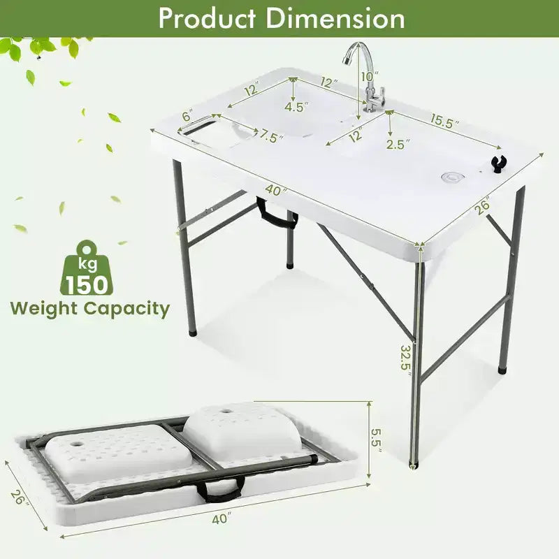 Table pliante blanche de nettoyage de poisson avec 2 éviers, pouvant accueillir jusqu'à 4 personnes