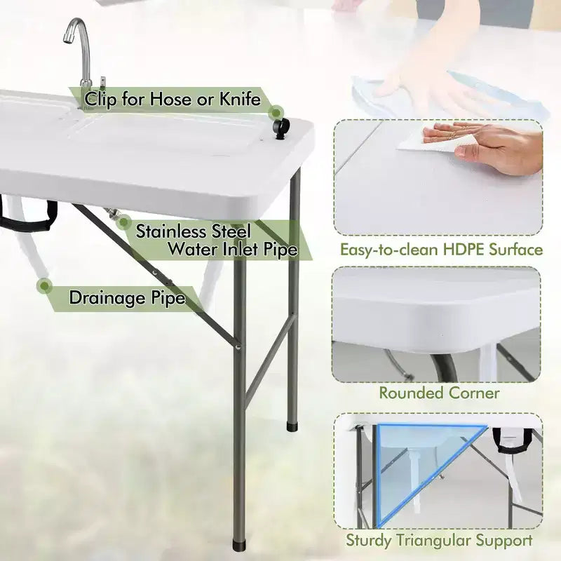 Table pliante blanche de nettoyage de poisson avec 2 éviers, pouvant accueillir jusqu'à 4 personnes