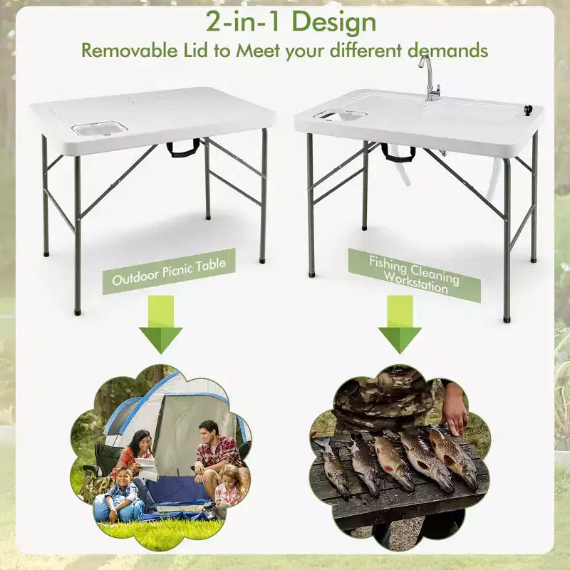 Table pliante blanche de nettoyage de poisson avec 2 éviers, pouvant accueillir jusqu'à 4 personnes
