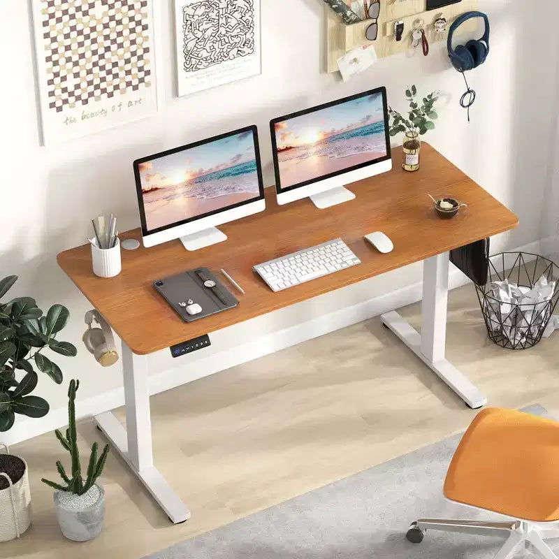 Bureau électrique réglable en hauteur marron / naturel / blanc, monoposte, 140 x 60 cm