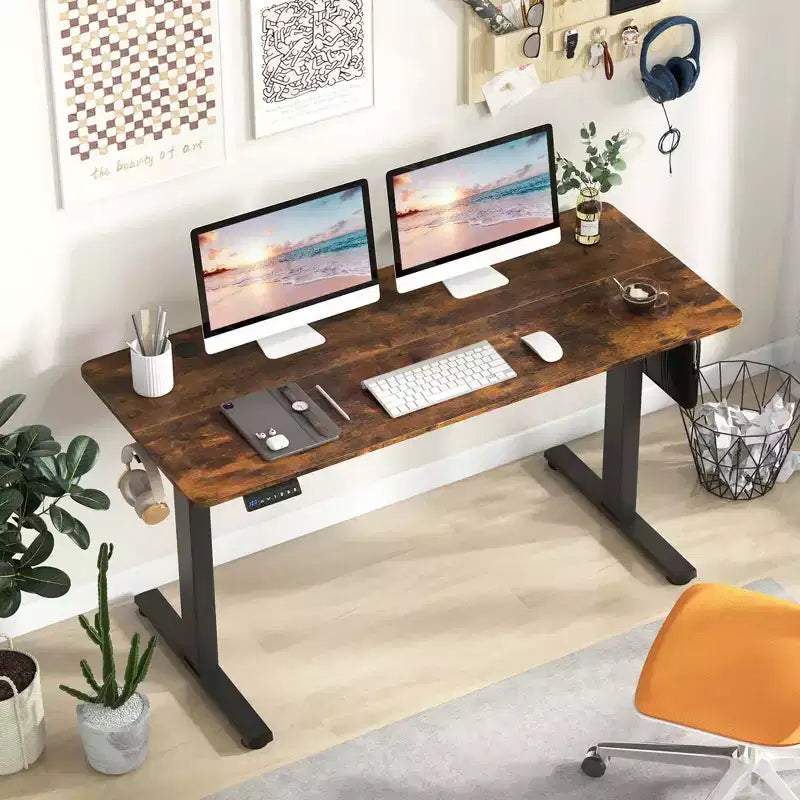 Bureau électrique réglable en hauteur marron / naturel / blanc, monoposte, 140 x 60 cm