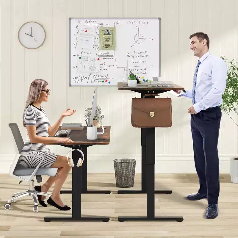 Bureau électrique réglable en hauteur marron / naturel / blanc, monoposte, 140 x 60 cm