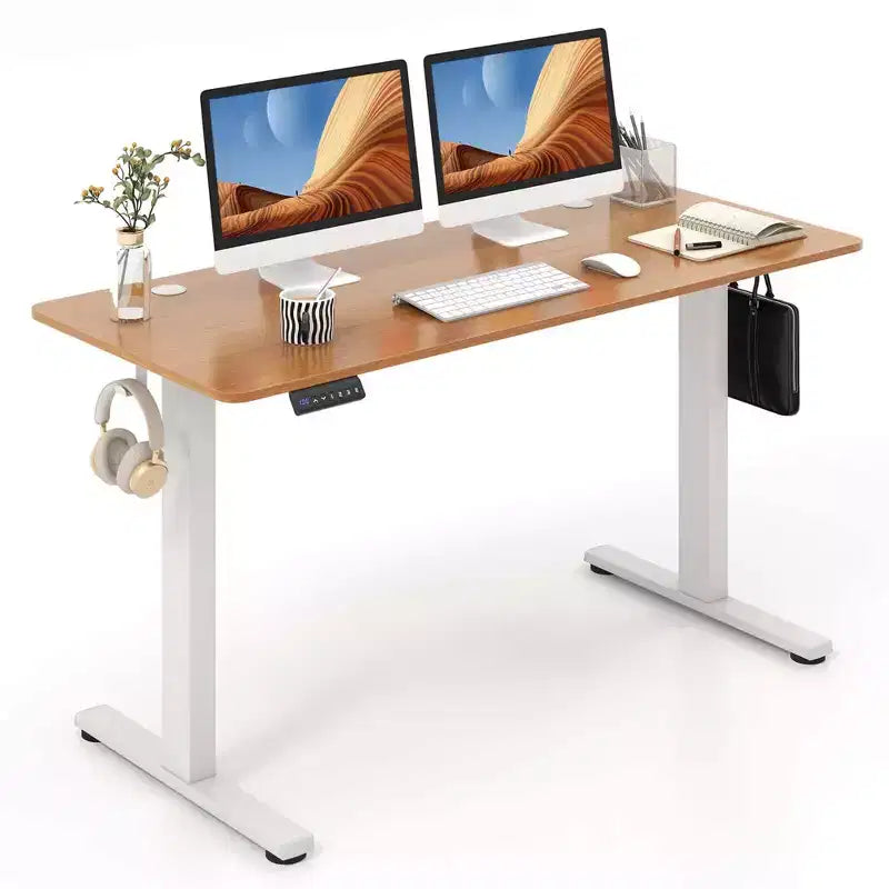 Bureau électrique réglable en hauteur marron / naturel / blanc, monoposte, 140 x 60 cm